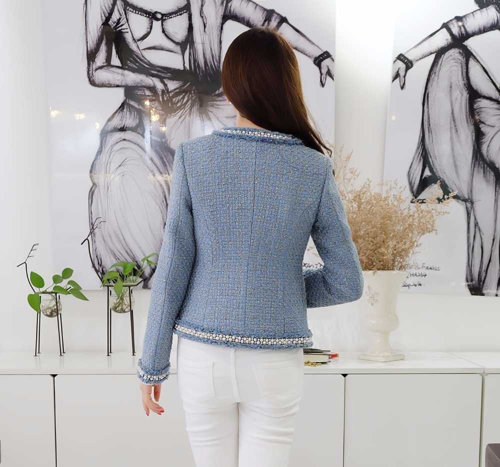 Blue Tweed Jacket Coat Autumn Women's Beading Long Sleeve Woolen Fringed Trim Tassels Pearl Pocket Runway Jacket T200831