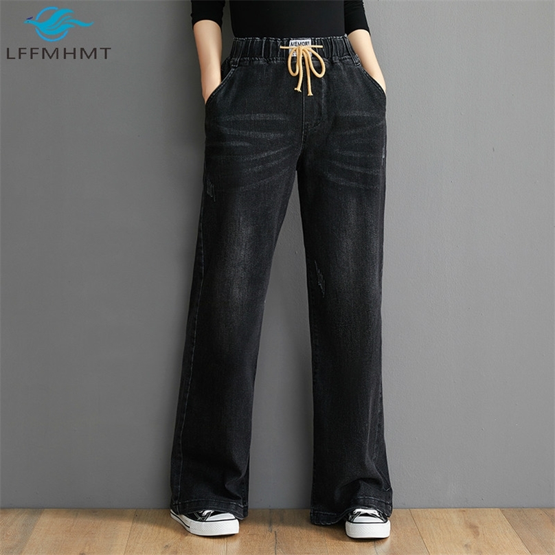 OYS 202 Elastic High Waist Women Denim Pants Office Lady Korean Simple Casual Loose Jeans Female Solid Color Vintage Trousers 210922