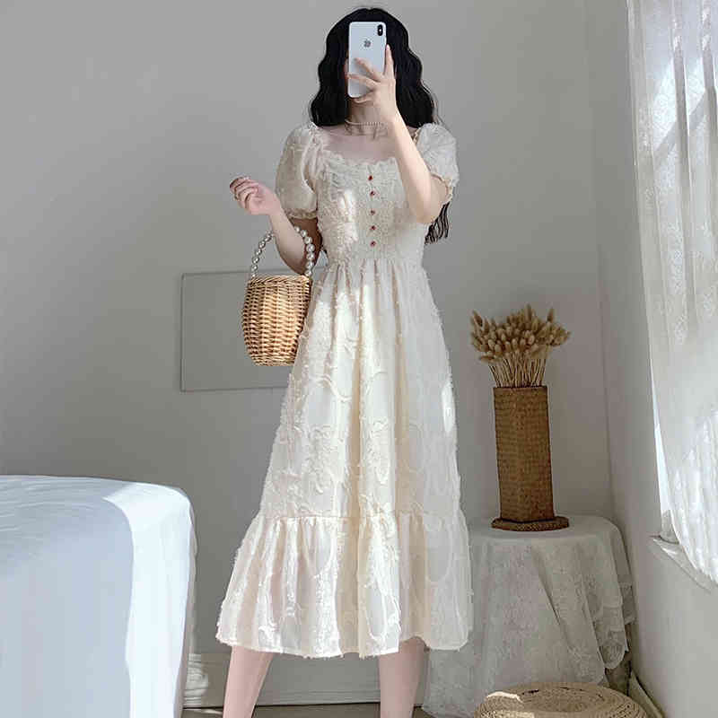 French Elegant Dress Women Button Lace Square Collar Dress Evening Party Vintage Sweet Female Summer Dress Korean 210521
