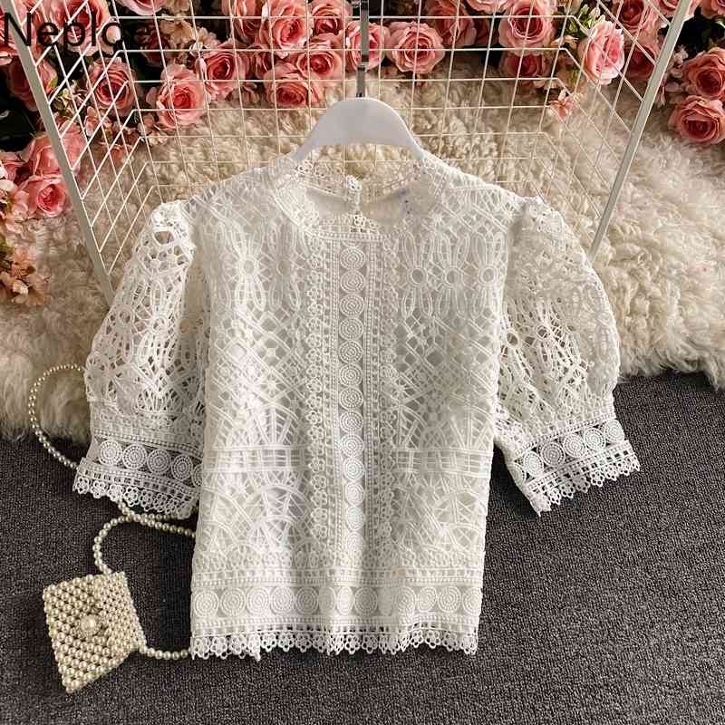 Neploe Blusas Mujer De Moda Vintage Puff Sleeve Blouses Hollow Out Crochet Floral Crop Tops Korean Summer Elegant Shirts 210422