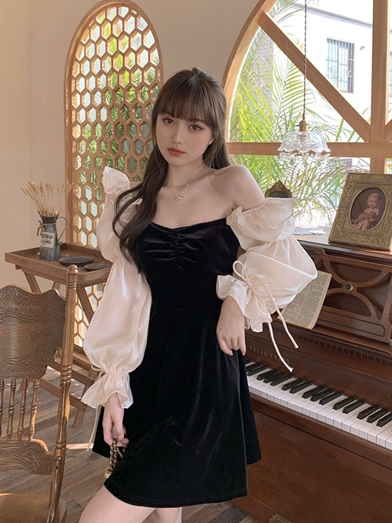 French Style Elegant Velvet Women Dress Spring Ruffles Hit Color Patchwork Vestidos Slim Waist A-line Dresses 210422