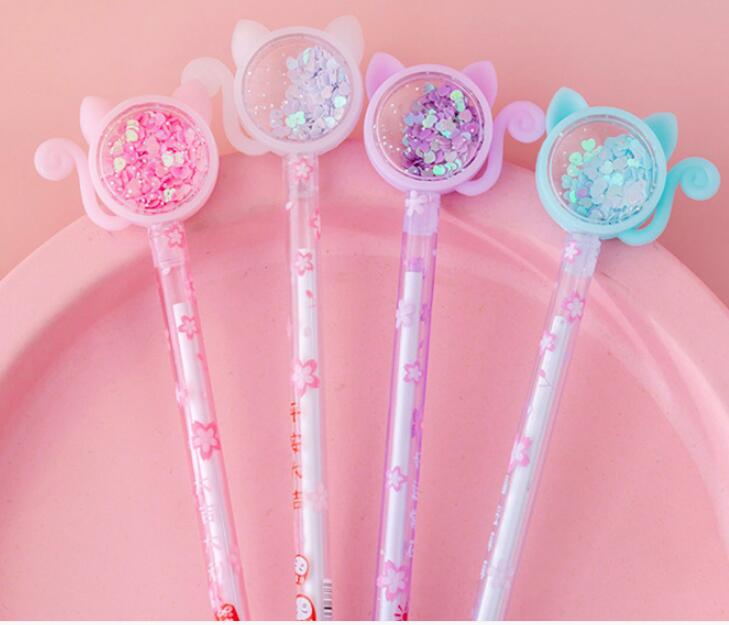Transparent Cat Sequins Gel Pen 0.5mm Student Cute Signature Gel Stationery Pens School Office Supplies Writing Tools GC759