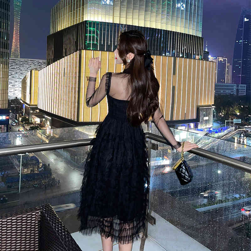 Spring Fashion Sexy Lace Patchwork Mesh Black Dresses Women Long Sleeve Ruffles Layered Cake Midi Party Dress Vestidos 210519
