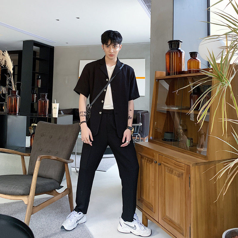 IEFB Men's Wear Casual Cotton And Linen Half Sleeve Shirt + Elastic Trousers Two-piece Set Summer Fashionable 9Y2746 210524