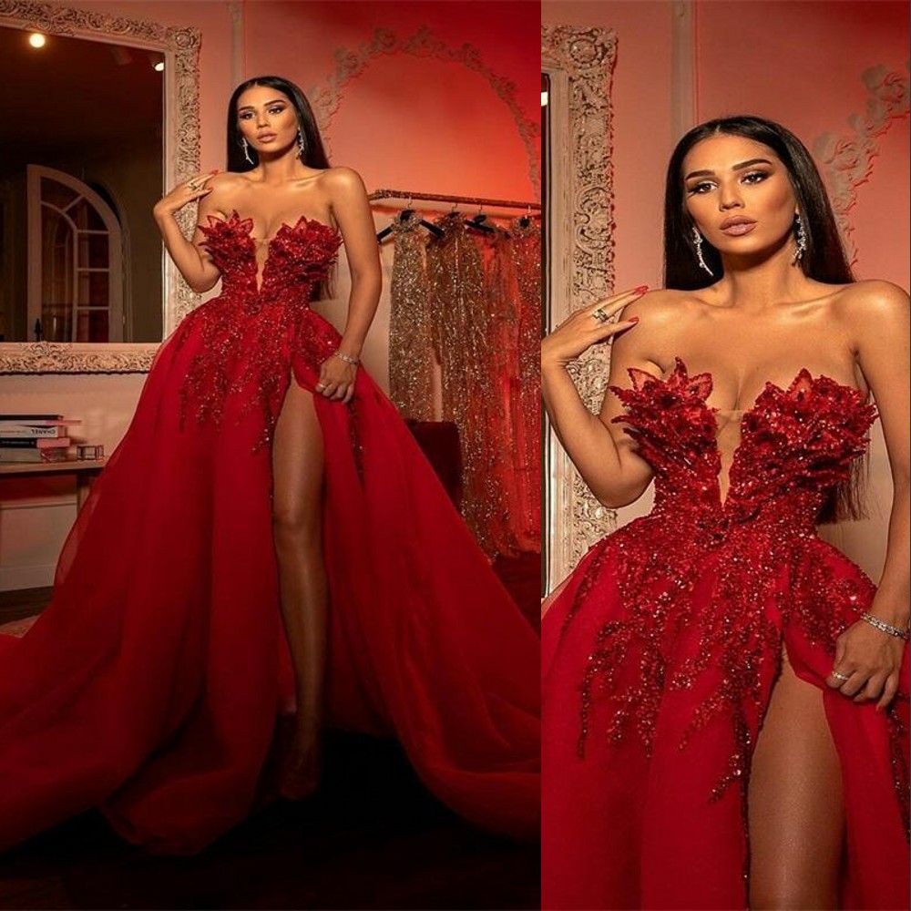 2023 Aso Ebi Arabic Evening Dresses Wear Dark Red Crystal Beaded Lace Sweetheart High Side Split Tulle Ball Gown Prom Dress Formal Party Second Recept