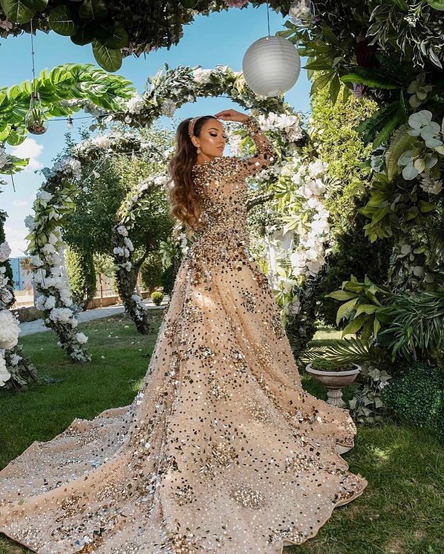 Arabic Aso Ebi Gold Sparkly Luxurious Prom Dresses Beaded Crystals Sheer Neck Evening Formal Party Second Reception Gowns Dress ZJ326
