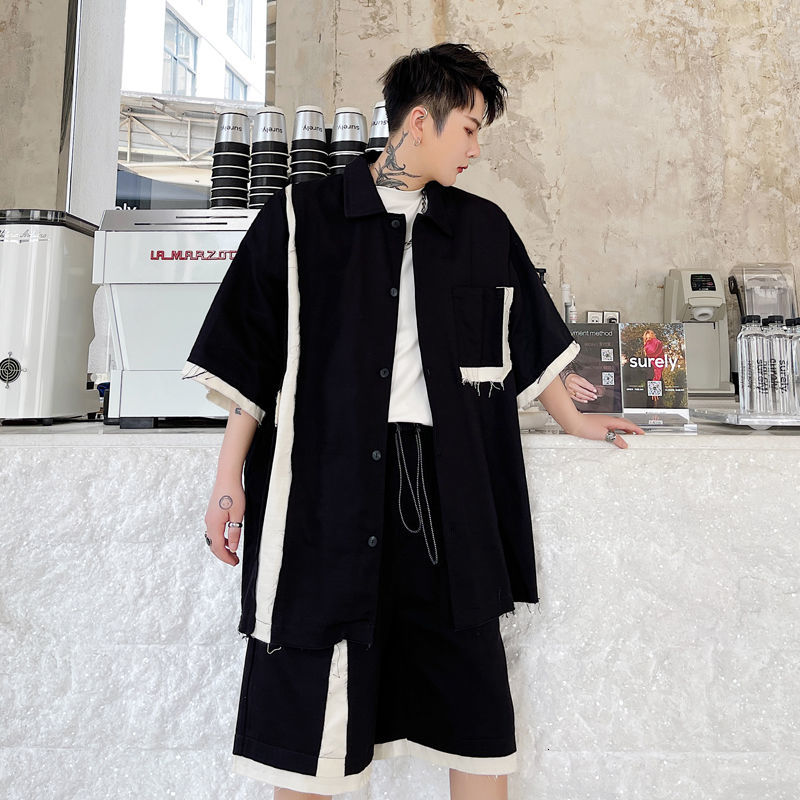 IEFB Men's Clothing Summer Structural Color Matching Loose Men's Short Sleeve Shirt Loose Oversized Black Tops 9Y6995 210524