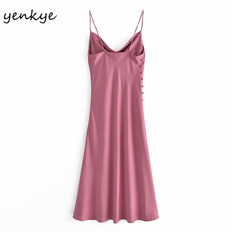 Summer Sexy Sling Dress Women Solid Color Satin Side Button Slits Long Female Night Out Vestido 210430