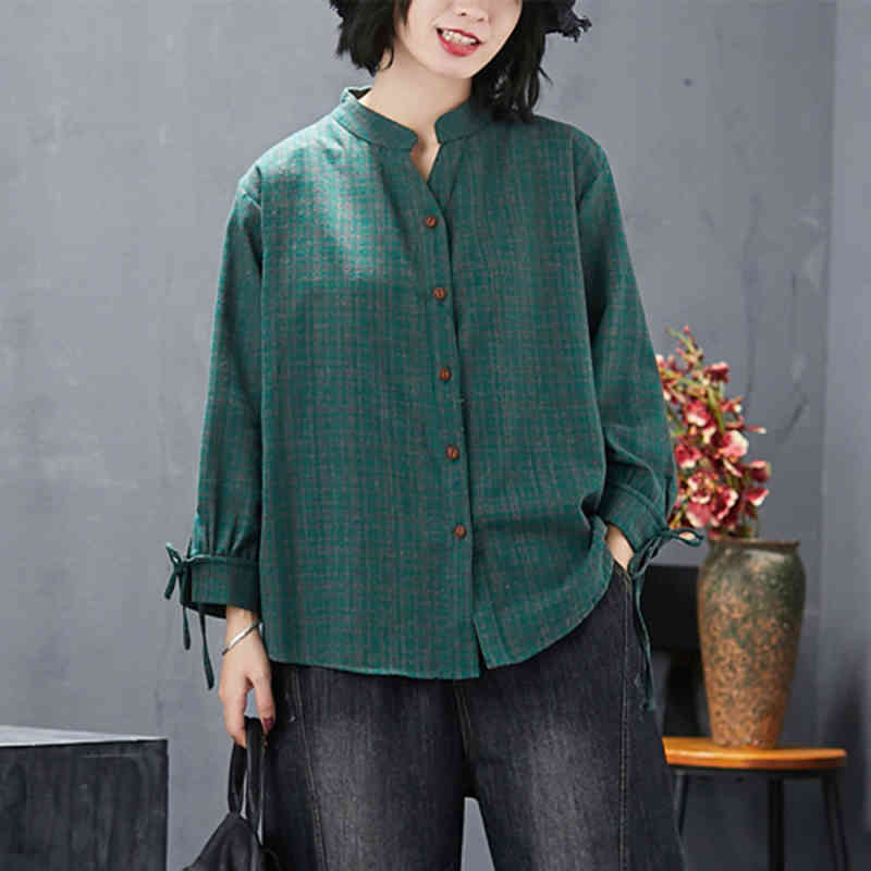 Spring Arts Style Women Long Sleeve Stand Collar Vintage Plaid Shirts Coat All-matched Casual Loose Blouse Female Tops S470 210512