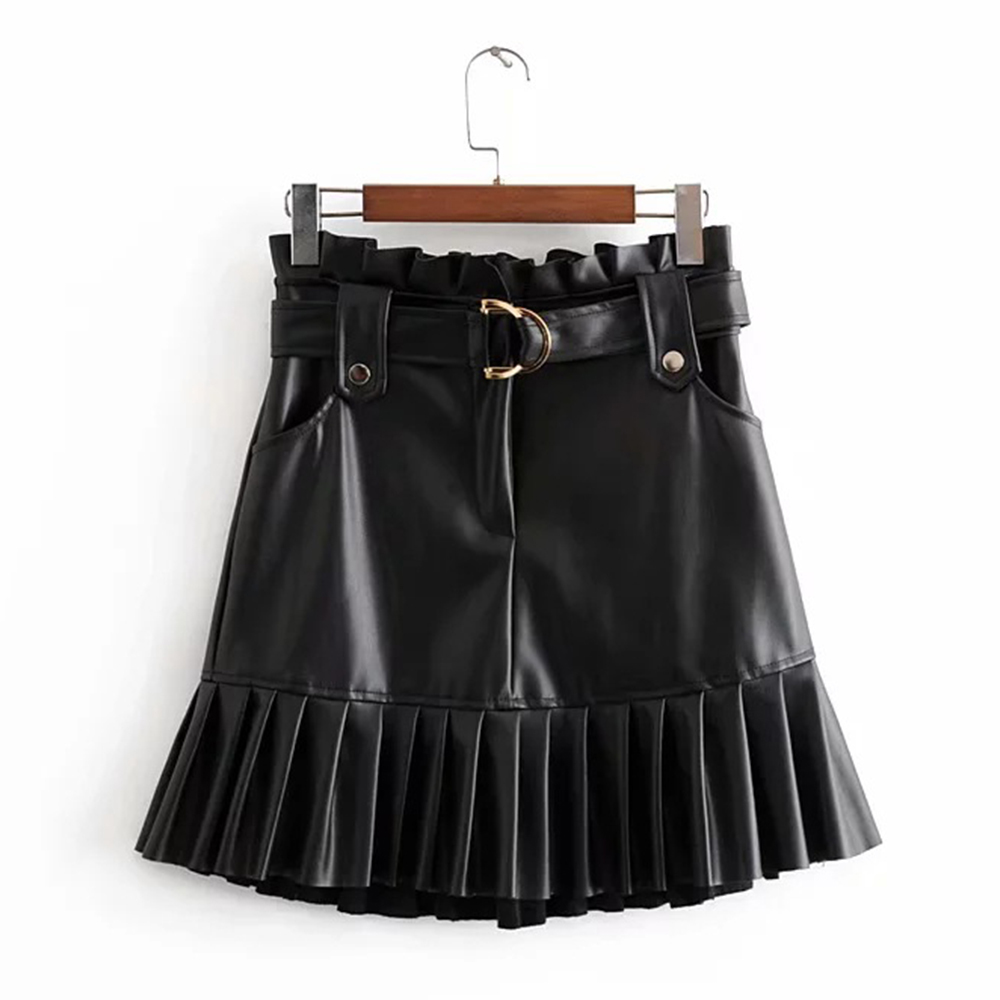 Chic PU Leather Mini Skirt with Belt Women High Waist Pleated s Fashion All-match s Korean Sweet Faux 210428