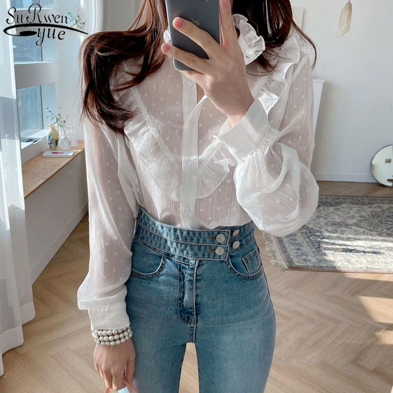 Women Long Sleeve Shirt Spring Ruffled Chiffon Blouse Vintage See Through Single Breasted Ropa De Mujer 13575 210427