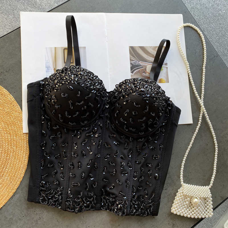 Women Fashion Sexy Bling Sparkle Sequin Beaded Camisole Dance Push Up Bustier Corset Bra Night Club Party Cropped Tops R074 210527