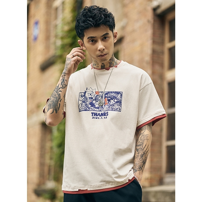 Furnace Product Summer Printed Short Sleeve Men's T-shirt Fake Two Loose Trend Round Neck Half Sleeve T-shirt Tops, White;black
Furnace Product Summer Printed Short Sleeve Men's T-shirt Fake Two Loose Trend Round Neck Half Sleeve T-shirt Tops, White;black