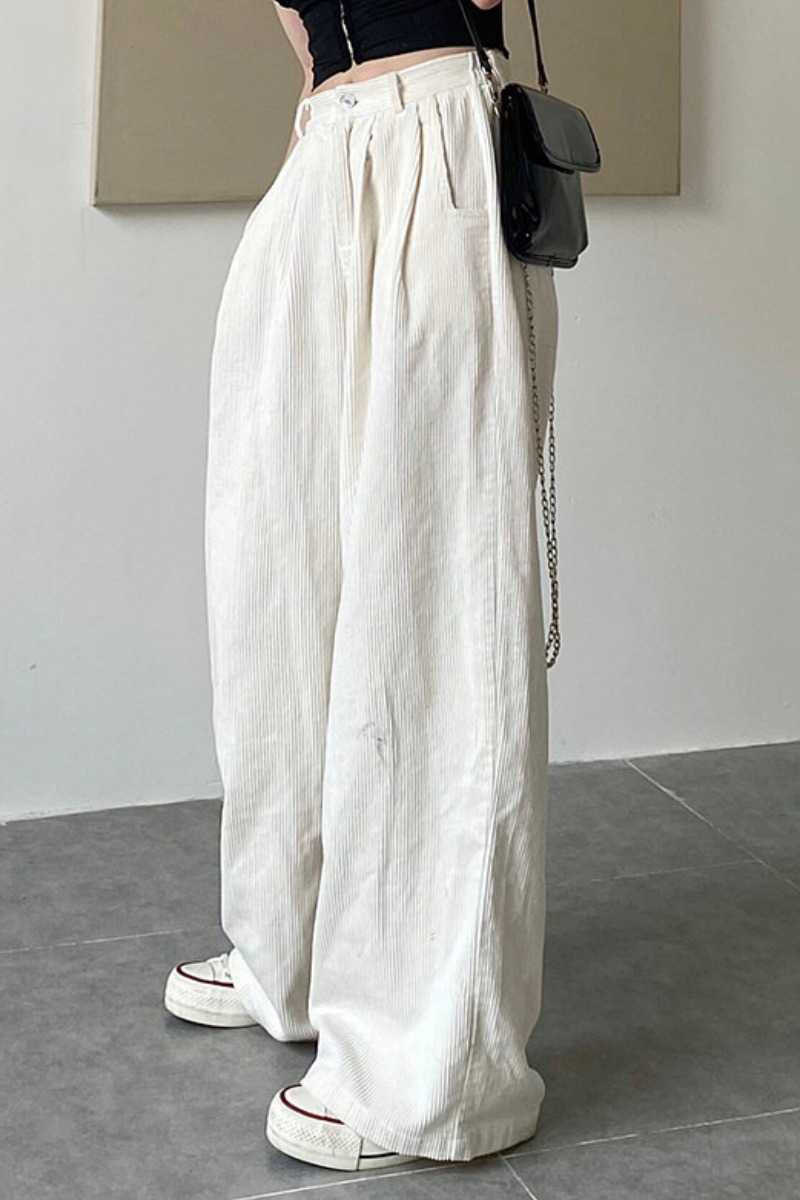 White Corduroy Wide Leg Pants for Women All Match Loose Straight High Waist Drape Casual Trousers 210615