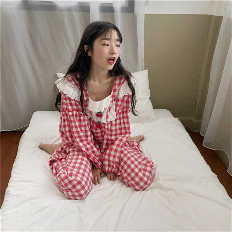Alien Kitty Sweet Fashion Square Collar Princess Sleepwear Plaid Gentle Chic Women Loose Pajamas Suits Fresh Home Clothes 211007