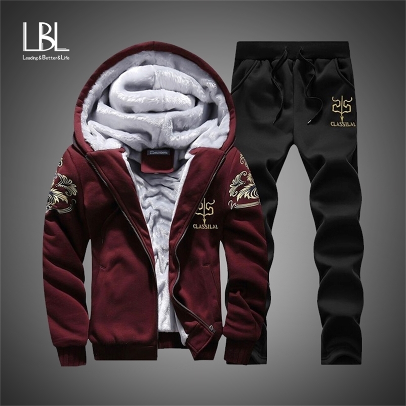 Winter Inner Fleece Hoodies Men Casual Hooded Warm Sweatshirts Male Thicken Tracksuit 2PC Jacket+Pant Men Moleton Masculino 211116