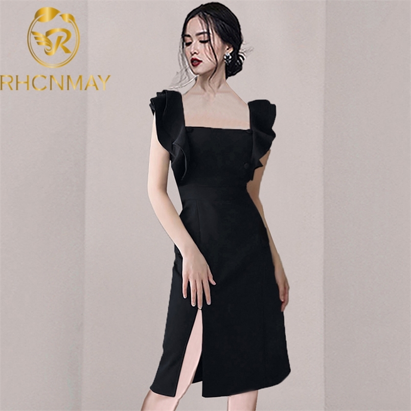 Women Sexy Black Split Dress Sheath Ruffles Butterfly Sleeve Bodycon Square Collar Lady Fashion Party 210506