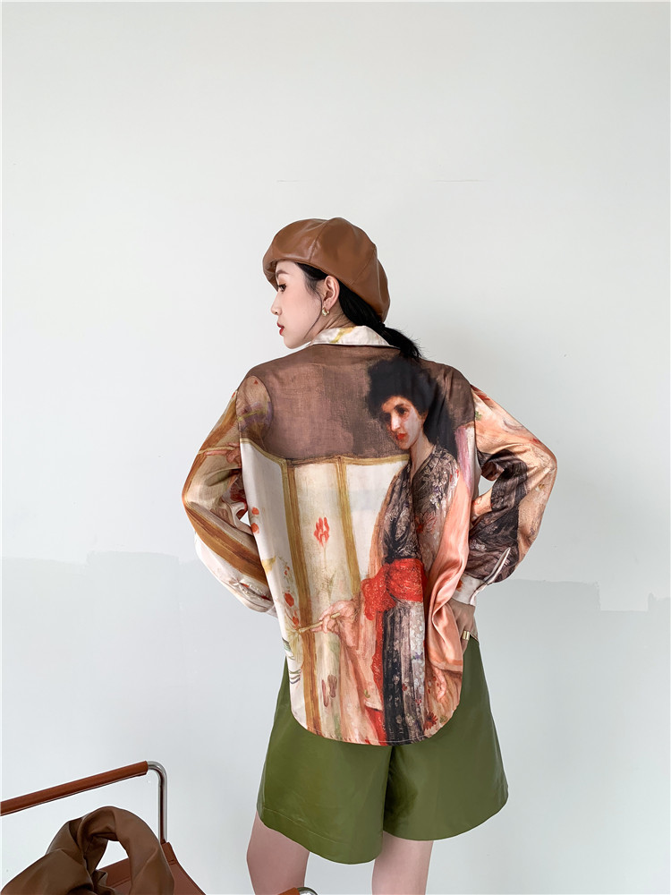 Vintage Top Oil Painting Long Sleeve Satin Blouse Women Tie Neck Button Up Collar Shirt Spring Fashion Clothing 210427
