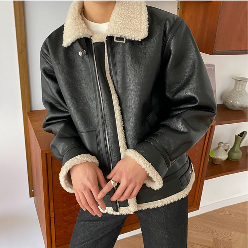 IEFB men's lamb fur if fur PU leather jacket patchwork autumn winter plush fur trend zipper short coat for male 9Y4777 210524