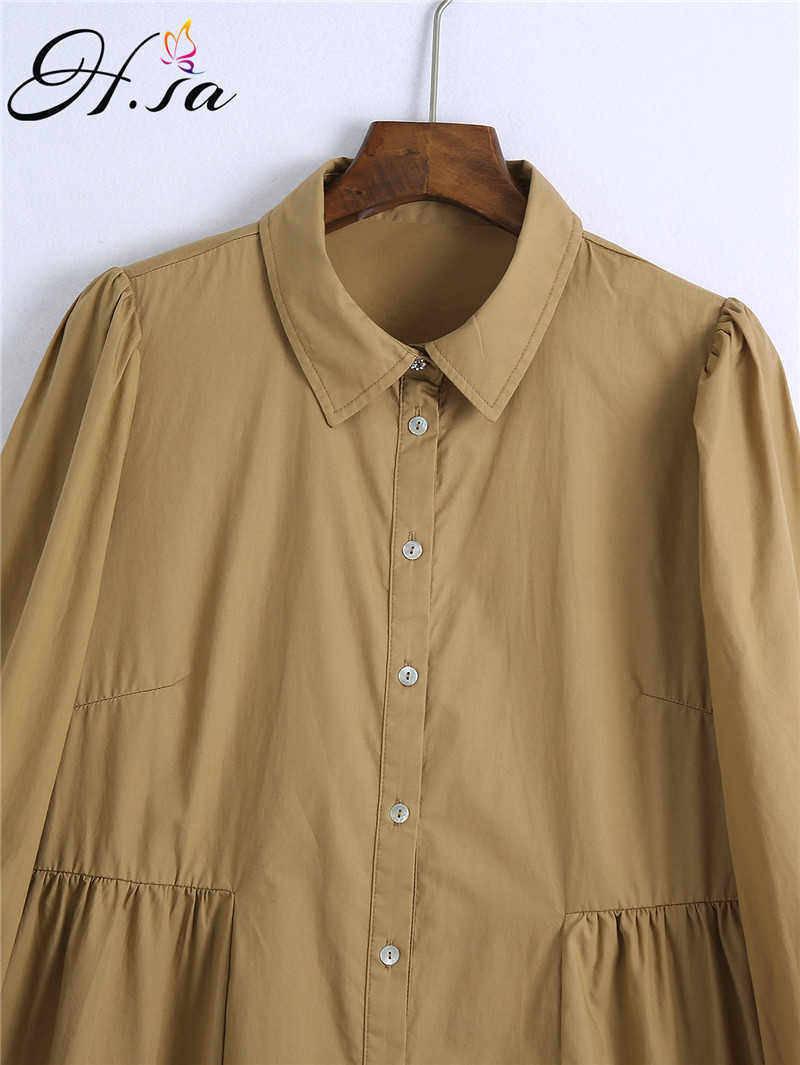 H.SA Ruffles Dress Women Summer Long Sleeve Vestidos Oversized Khaki Pleated Vestidos Pure Cotton Turn Down Collar Dress 210716