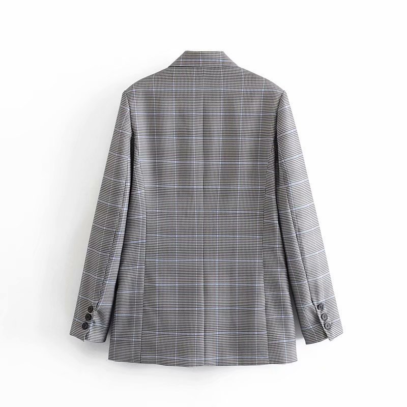 Vintage Lady Plaid Blazers Suit Pockets Long Sleeve Office Coat Women Double Breasted Houndstooth Jacket Outwear Veste Femme 210515