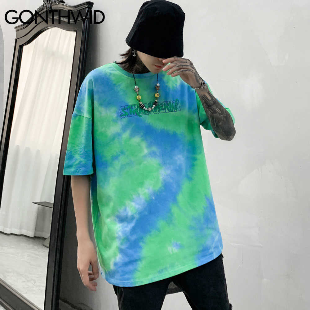 GONTHWID Tie Dye Tees Shirts Streetwear Hip Hop Graffiti Print Short Sleeve Tshirts Mens Harajuku Hipster Casual Tops Fashion 210623
