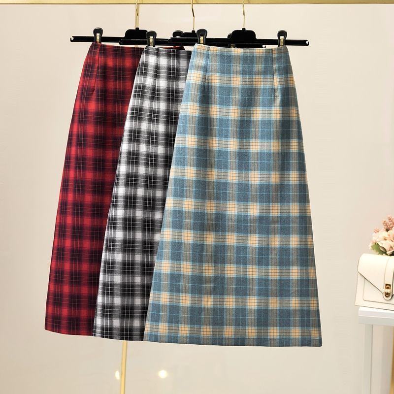 Wonder Autumn Midi woman Skirt Vintage Plaid Female Split Skirts Casual Street Lady High Waist Bottoms 210510
