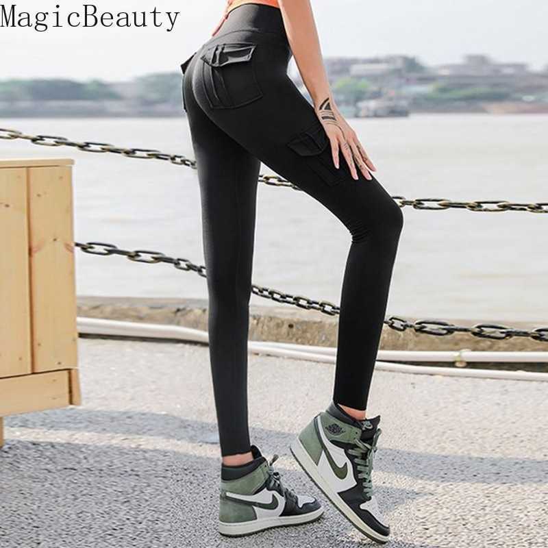 Women Elastic High Waist Fitness Gym Pockets Legging Solid Push Up Workout Cargo Pants 210820