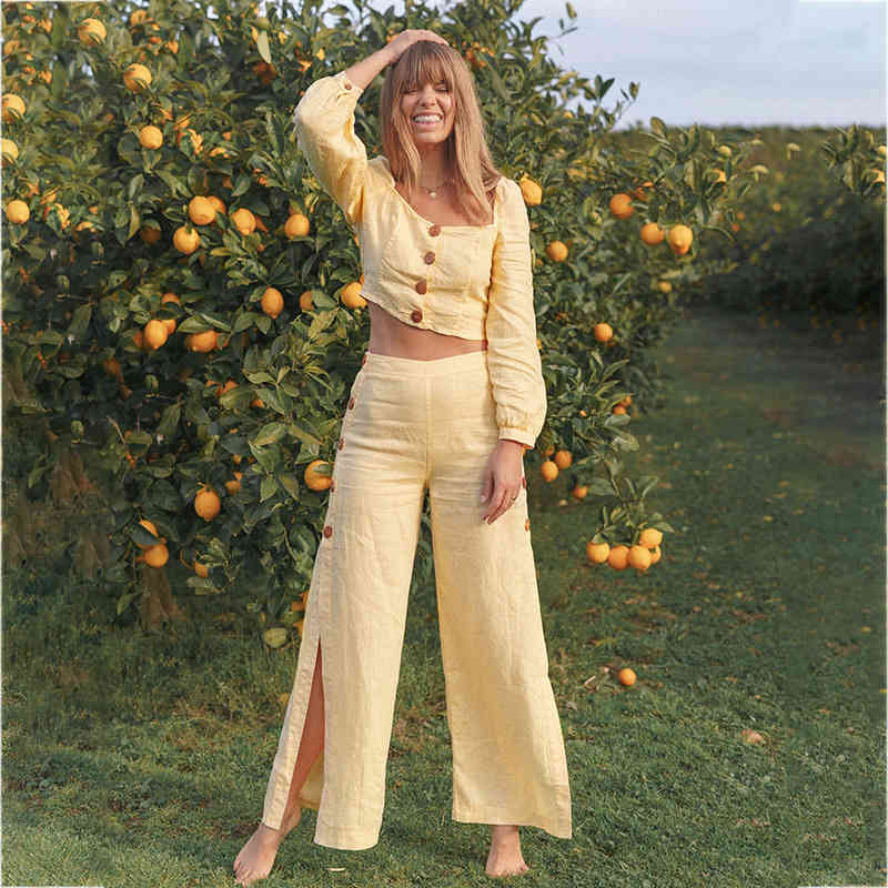 Women Set Pants Single Breasted Crop Top With High Waist Split Wide Leg Two Piece Spring Summer 210513