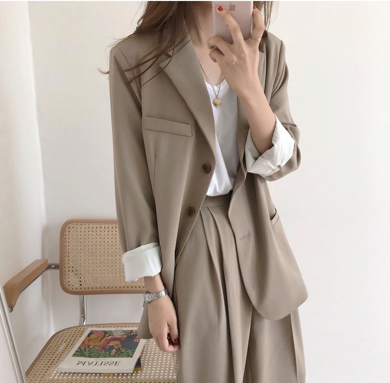 Korea Chic Spring Two-Piece Set Office Ladies Casual Blazers+High Waist Straight Long Trousers Women Fashion Pant Suits 210519