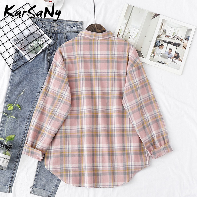 KarSaNy Boyfriend Oversized Shirt Plaid For Women Blouses And Tops Spring Loose Plaid Cotton Shirt For Women Boyfriend Shirts 210317