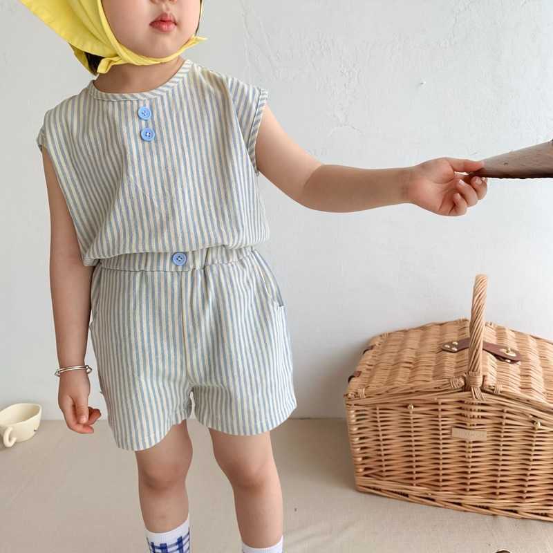 Korean style summer set boys and girls cotton loose striped sleeveless T shirts shorts 2pcs suit children outfits 210615