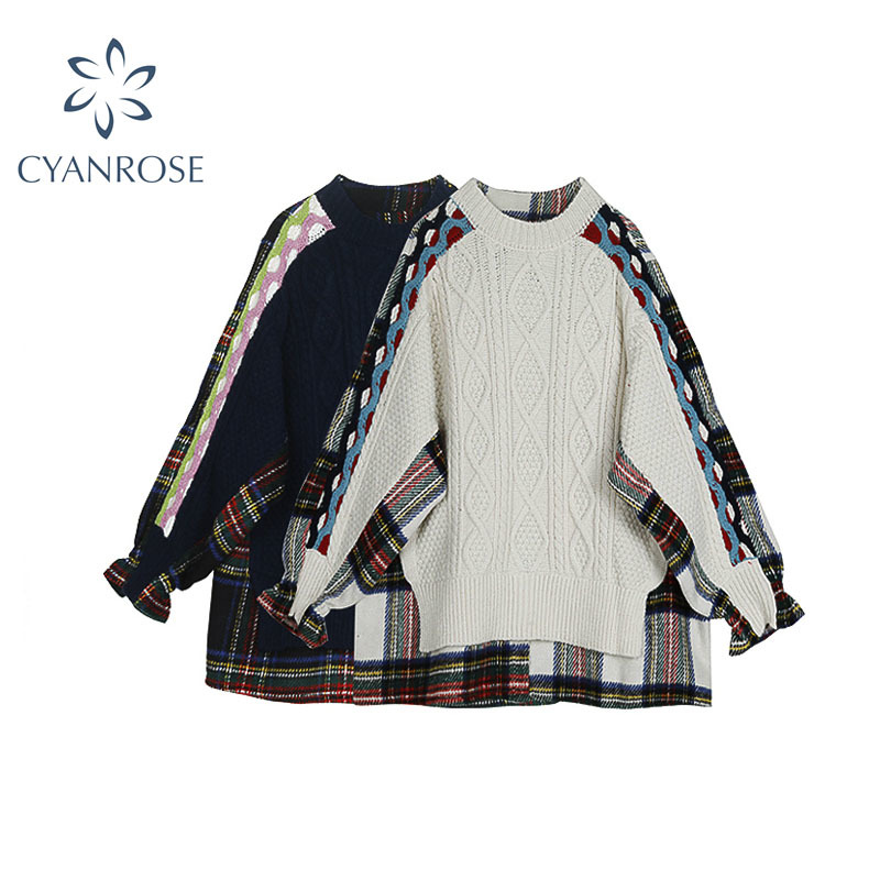 Vintage Women Patchwork Sweater Plaid Pullovers Tops Autumn Winter Long Sleeve Loose Korean Female Knitted Casual 210430