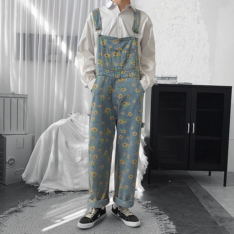 IEFB Little Daisy Printed Overalls Denim Trousers For Men And Women Loose Casual Jeans Jumpsuit Vintage Streetwear 210524