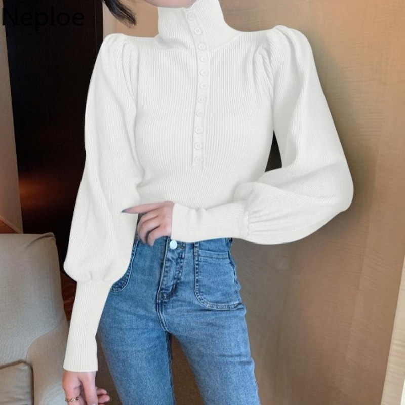 Neploe Turtleneck Solid Color Sweater Women Single Breasted Puff Sleeve Knitted Pullovers Sueter Mujer Slim Sweet Jumper Tops 210422