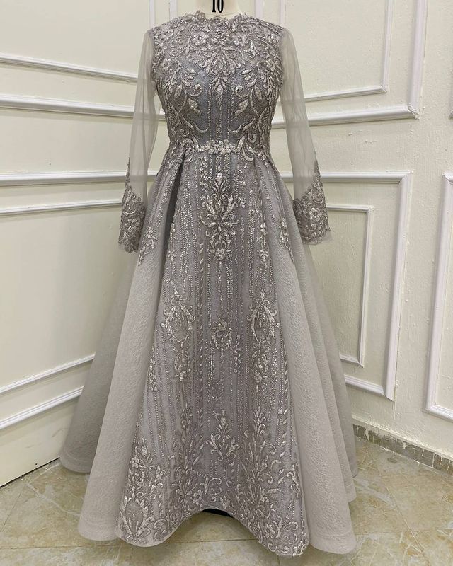 Plus Size Arabic Aso Ebi Muslim Lace Beaded Prom Dresses A-line Long Sleeves Vintage Evening Formal Party Second Reception Gowns Dress ZJ044