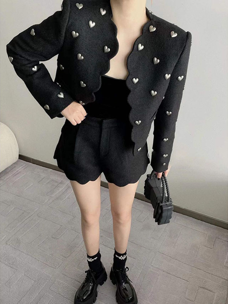 New spring autumn Womens fashion elegant 3D love heart patchwork woolen long sleeve short jacket coat SMLXL