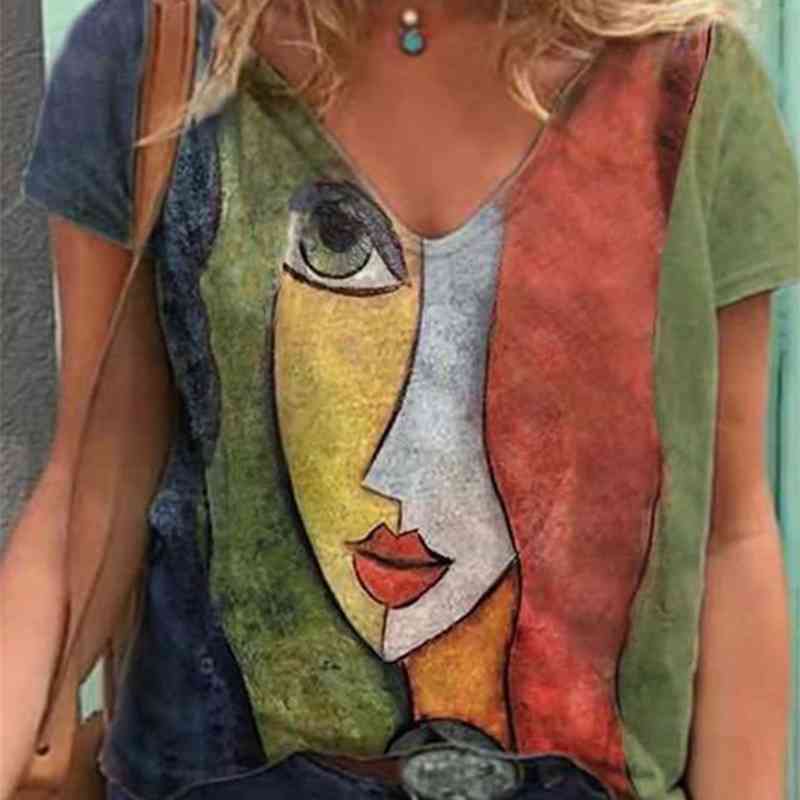 Summer Personality Abstract Face Print Sexy Top Women's Casual Short Sleeve T-shirt Fashion Streetwear Oversize Tees t shirts 210515