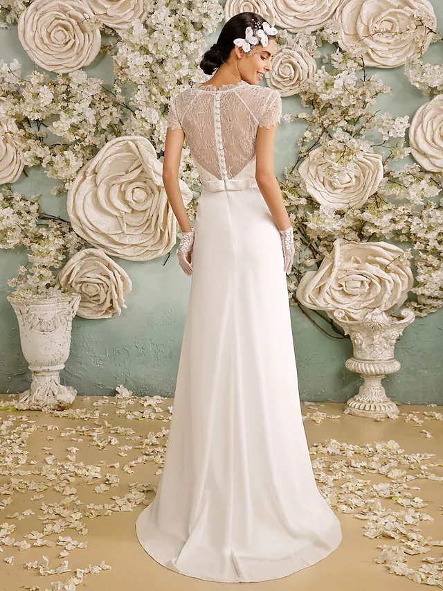 Wedding Dress 2022 Bridal Gown V Neck Sweep Train Chiffon Sheer Lace Short Sleeve Beads Casual Vintage See-Through Plus Size Vestido De Noiva Robe Mar