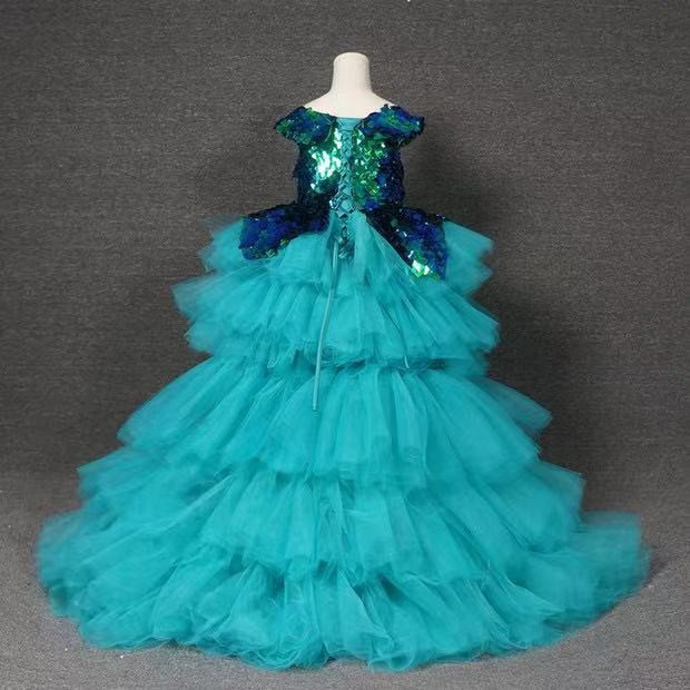 Green Vintage Flower Girl Dresses Lace Tulle Flower Girl Dress Sequined High Low Sleeveless Puffy Pageant Gown Holy Communion Dresses for Girls