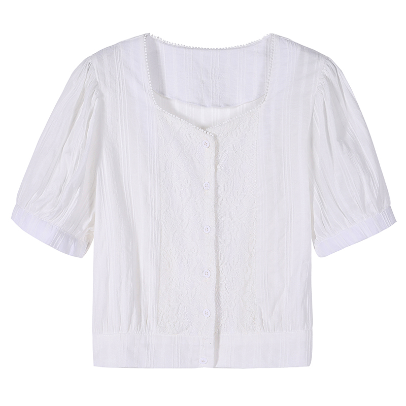 White Tops Vintage Summer Square Collar Cotton Lace Women Blouse Office Lady Solid Cardigan Shirts for 9777 210506