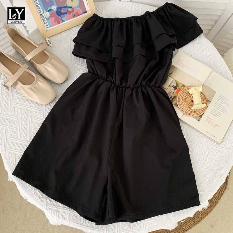LY VAREY LIN Summer Women Fashion Solid Color High Waist Wide Leg Shorts Casual Oblique Shoulder Ruffles Jumpsuits 210526