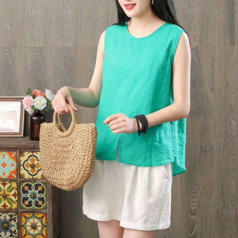 Summer Arts Style Women Solid Sleeveless Tank Top Loose Cotton Linen Femme Allmatched Casual Basic Tops S985 210512