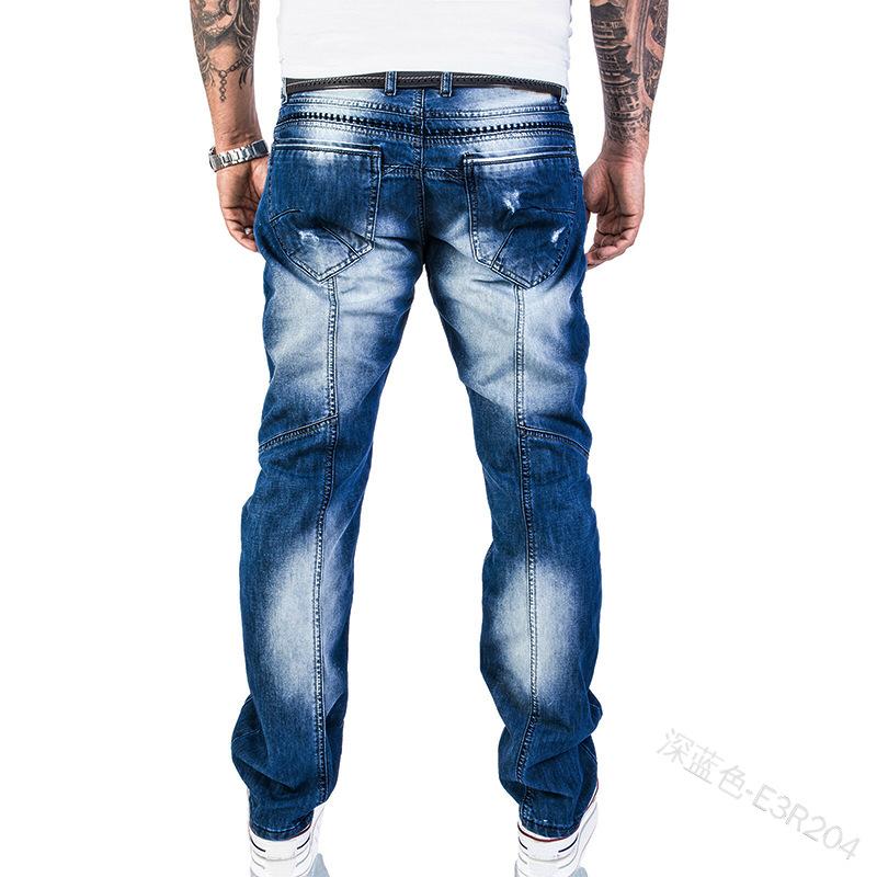 Solid Color Jeans Men's Casual Patchwork Pocket Denim Spring Low Waist Zipper Button Pleated Straight Pants