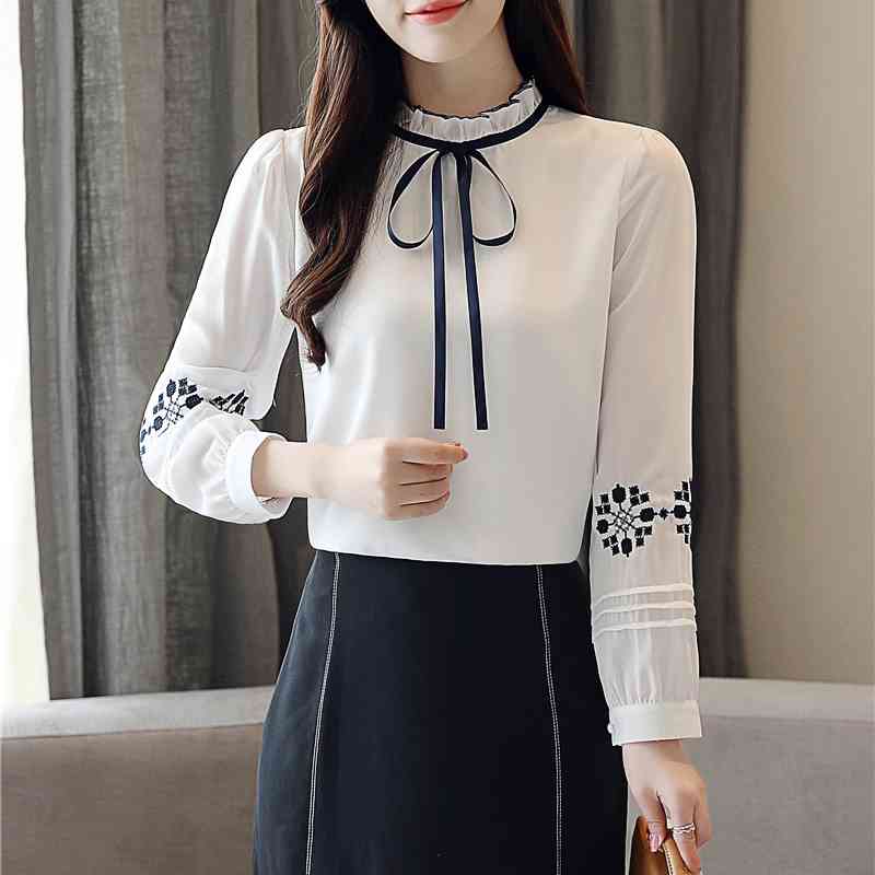 Autumn Embroidered Chiffon Women Blouse Shirt Long Sleeve Slim Bow Tie Femme Tops Bottoming Clothing 0857 30 210506