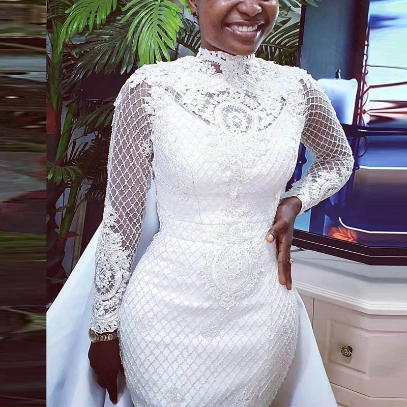 Vintage Pure White Muslim Wedding Gowns Detachable Train Mermaid Full Sleeve Side Split Bridal Dresses Vestidos De Novia