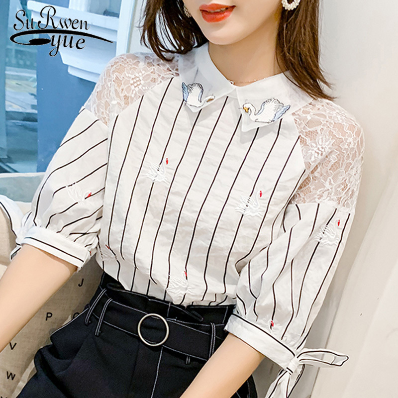 Women Blouses Summer Short Sleeve Female Top Embroidery Striped Blouse Tops and 4503 50 210521, White
Women Blouses Summer Short Sleeve Female Top Embroidery Striped Blouse Tops and 4503 50 210521, White