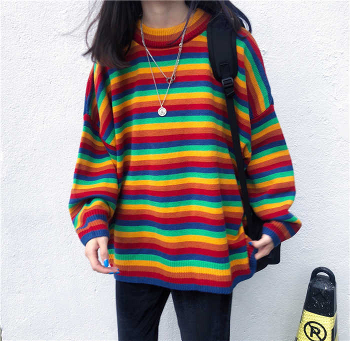 Women's Jumper Cute Kawaii Loose Ins Thick Style Colorful Striped Sweater Lady Harajuku Chic Sweaters For Women Retro 210812