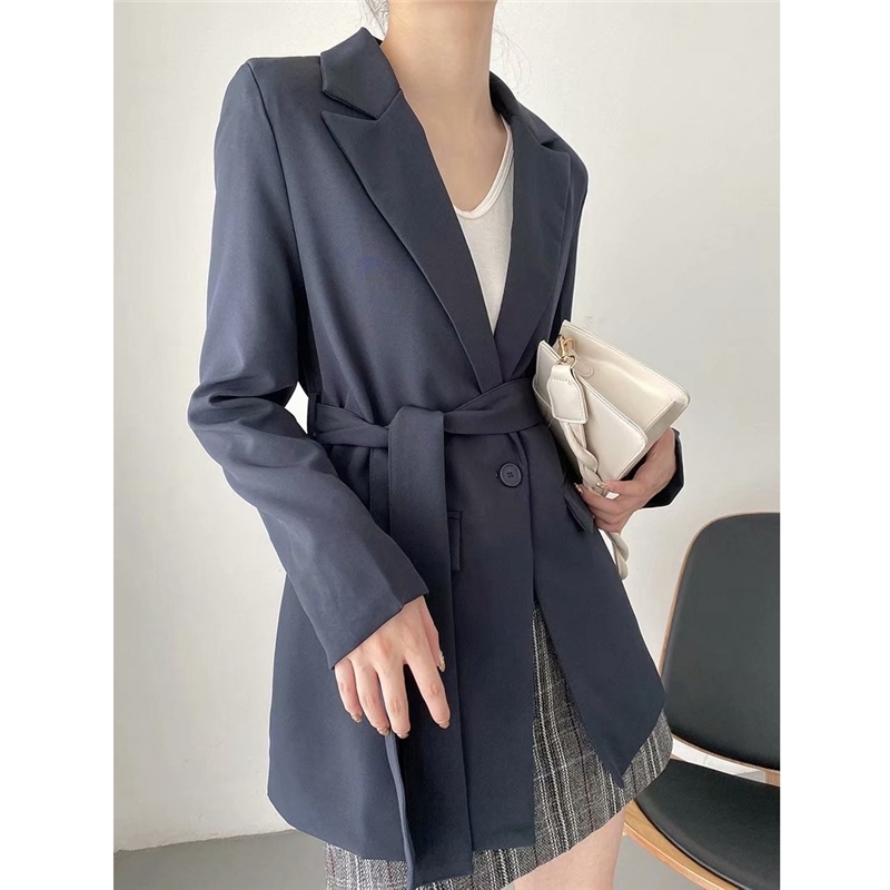Causal Women Solid Notched Collar Blazers Fashion Ladies Sashes Slim Coats Elegant Female Chic Pocket Long Jackets 210430