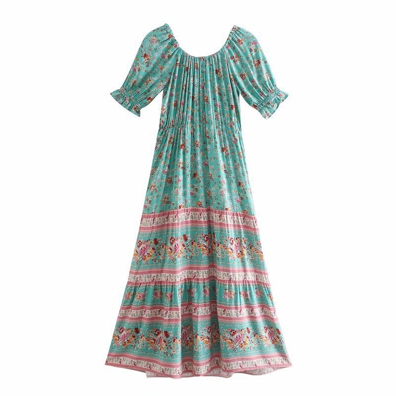 Bohemia Bandage Adjust Collar Floral print Dress BOHO Holiday Woman Tie Bow Sashes Short Sleeve Lantern Long Dresses 210429